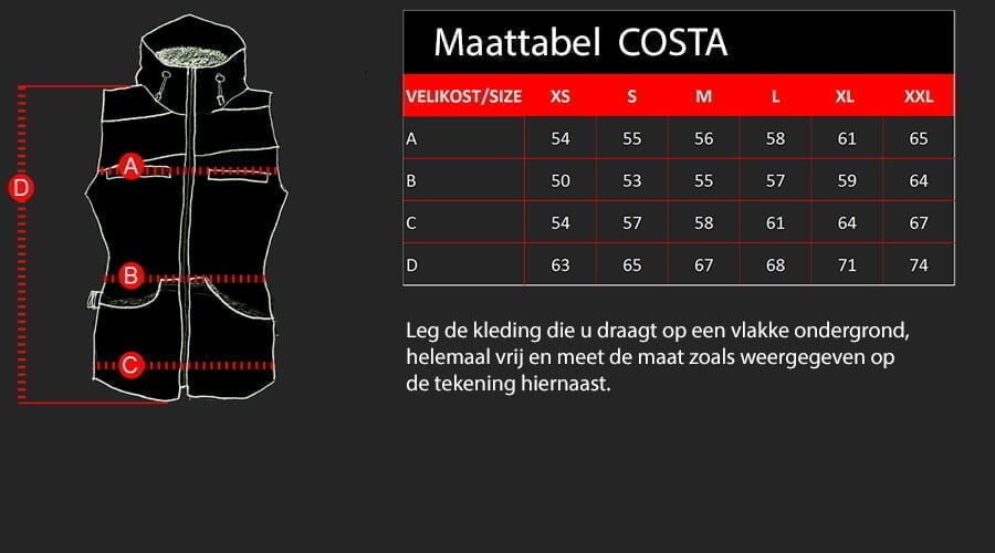 Maattabel voor COSTA