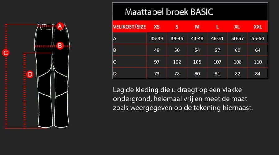 D4M maattabel voor broek BASIC 1 D4M Maattabel voor broek BASIC