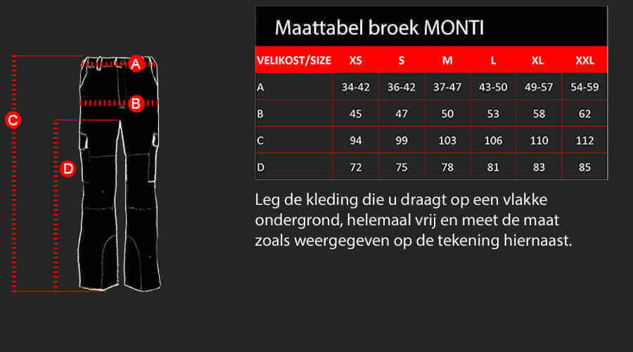 D4M maattabel voor broek MONTI 1 D4M Maattabel voor broek MONTI