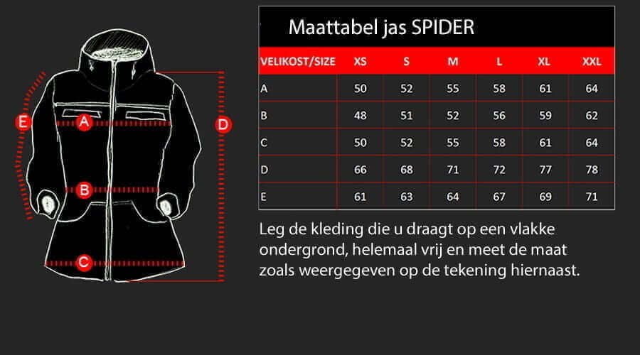 Maattabel voor jas SPIDER